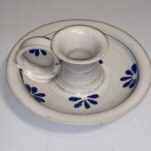 Vintage Anna Fadeley Signed Blue White Pottery Candle Holder Brattleboro Vermont